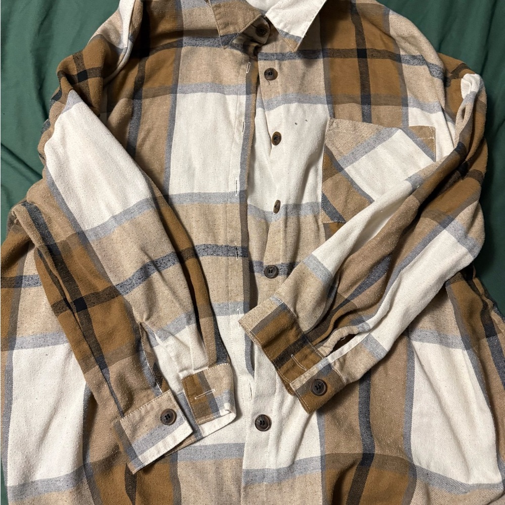 Brown and Cream Plaid Button-Up Shirt